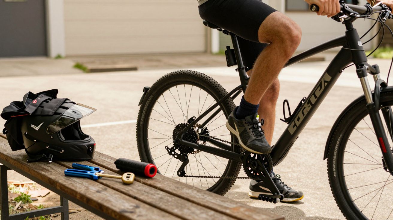 Homem sentado numa bicicleta junto a um banco de madeira com capacete e ferramentas.
