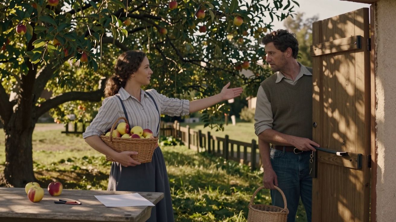 Homem e mulher colhem maçãs sob uma árvore num pomar, cada um segurando um cesto de vime.