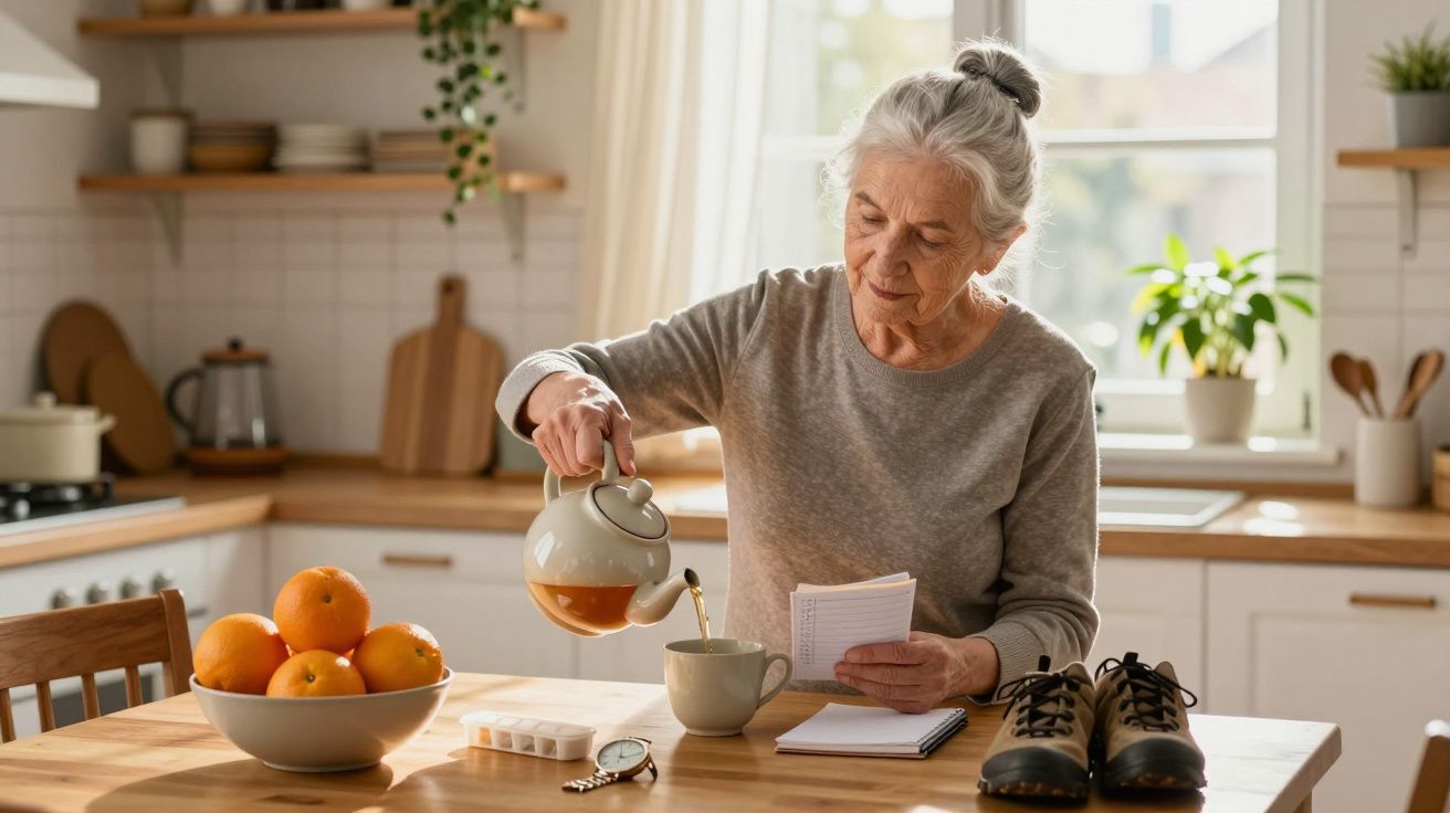 Idosa serve chá numa cozinha iluminada, ao lado de laranjas e um par de botas.
