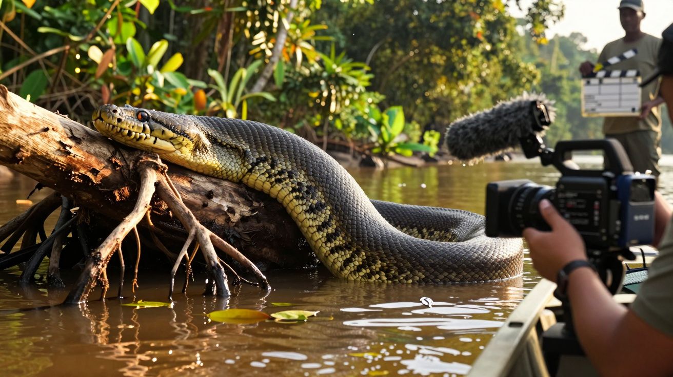 Anaconda sobre tronco numa selva, filmada por uma equipa com câmera e microfone num barco.