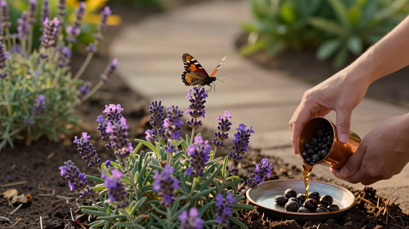 Borboleta sobre lavanda enquanto uma mão derrama líquido e bagas numa tigela de cobre.