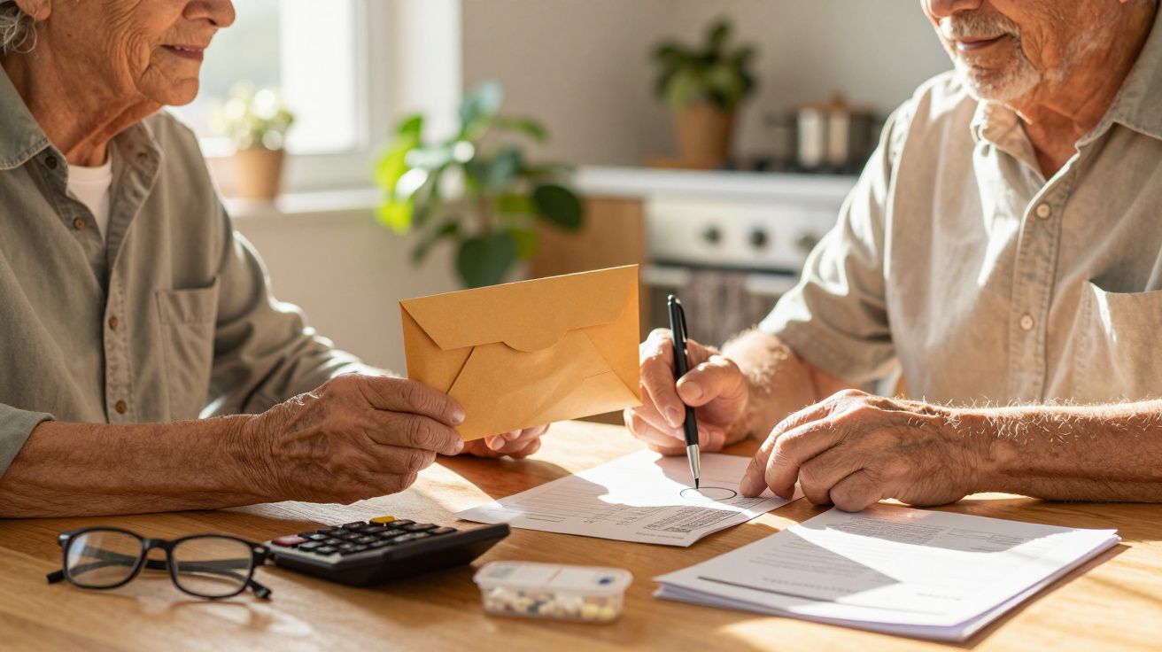 Casal idoso sentado à mesa, revisando documentos. Mulher segura envelope, homem segura caneta. Calculadora ao lado.