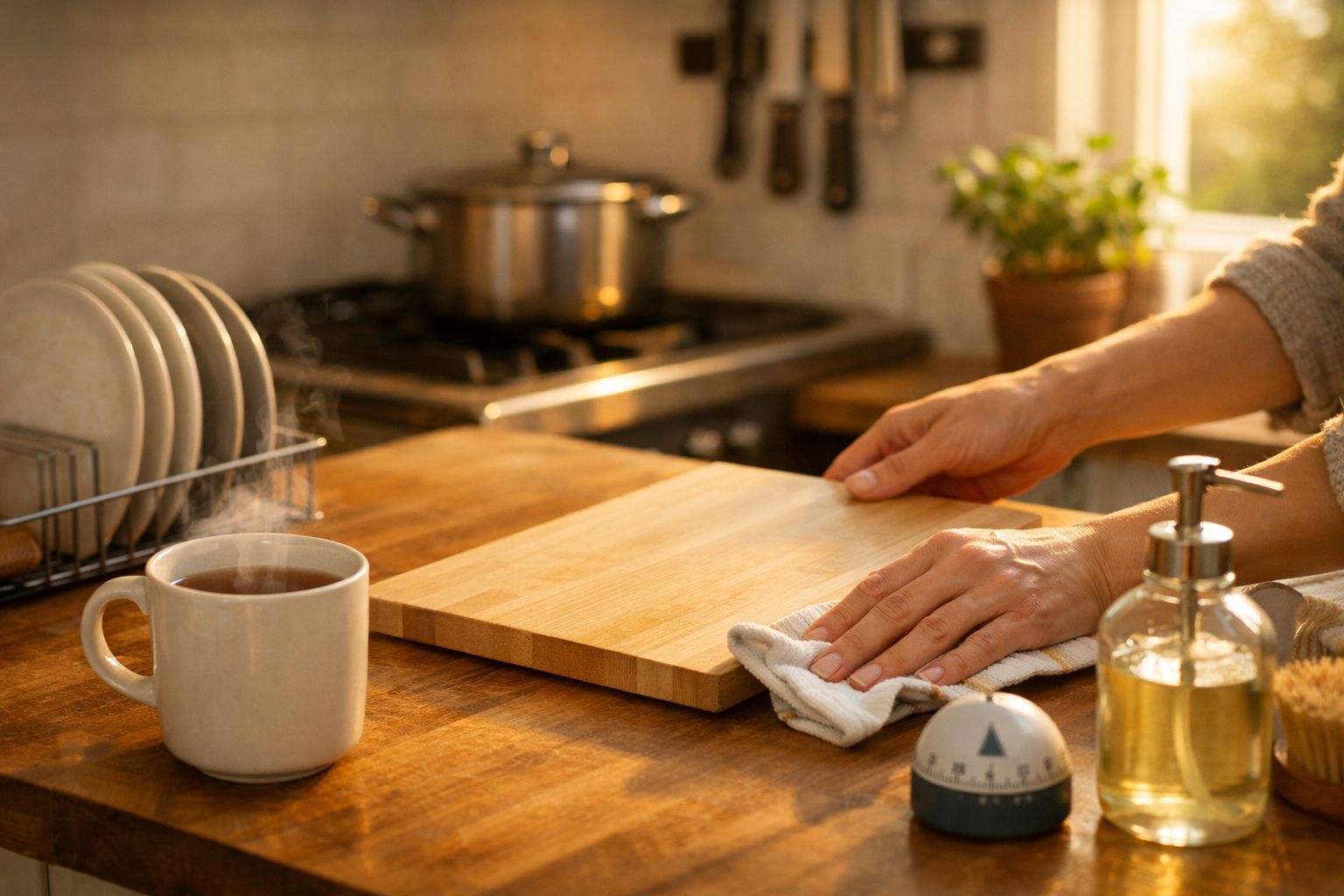 Pessoa limpa bancada de madeira numa cozinha, com chávena de café a fumegar e utensílios ao fundo.