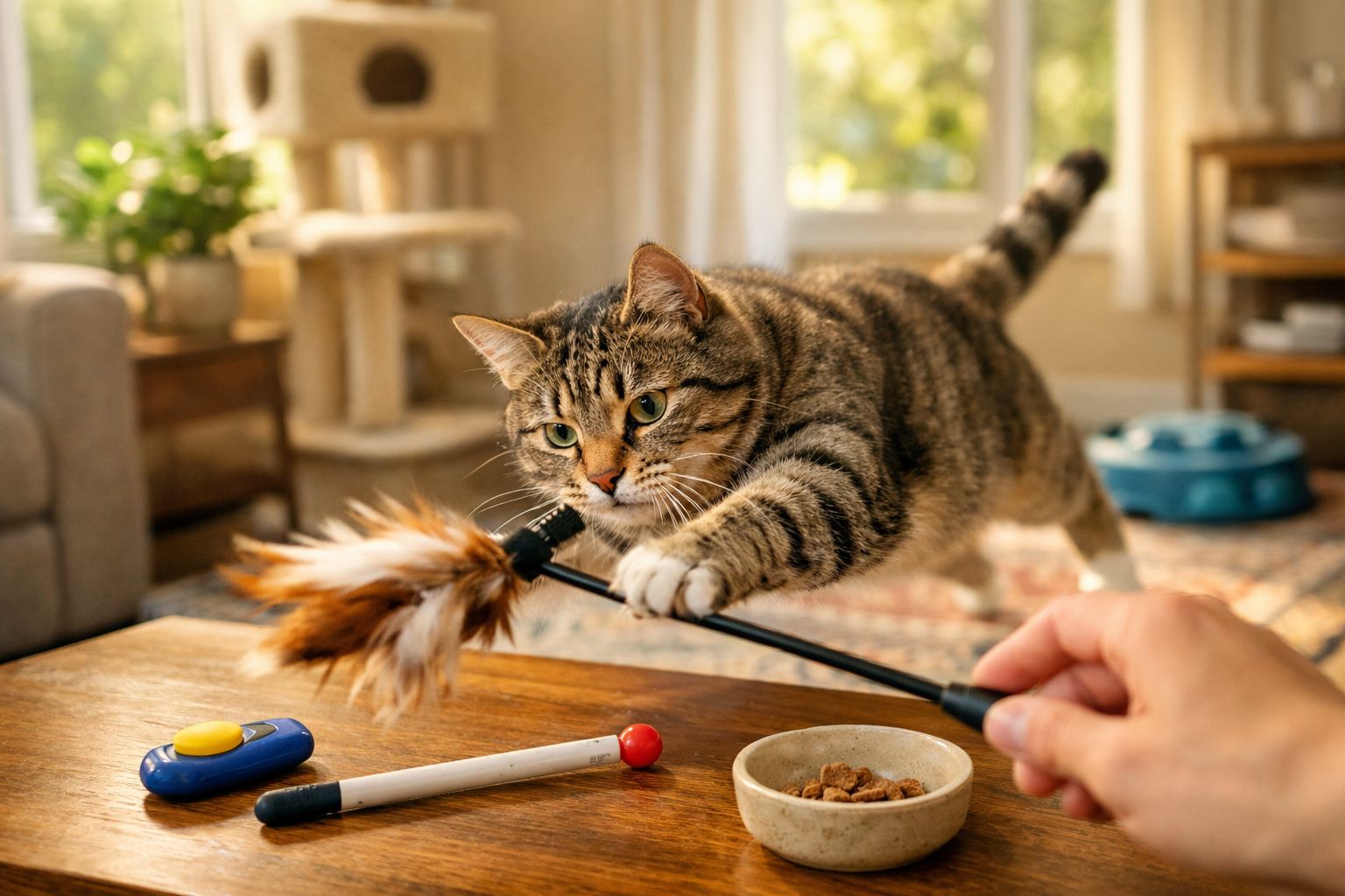 Gato tigrado a brincar com um brinquedo de pena, enquanto uma mão o segura, num ambiente acolhedor de sala.