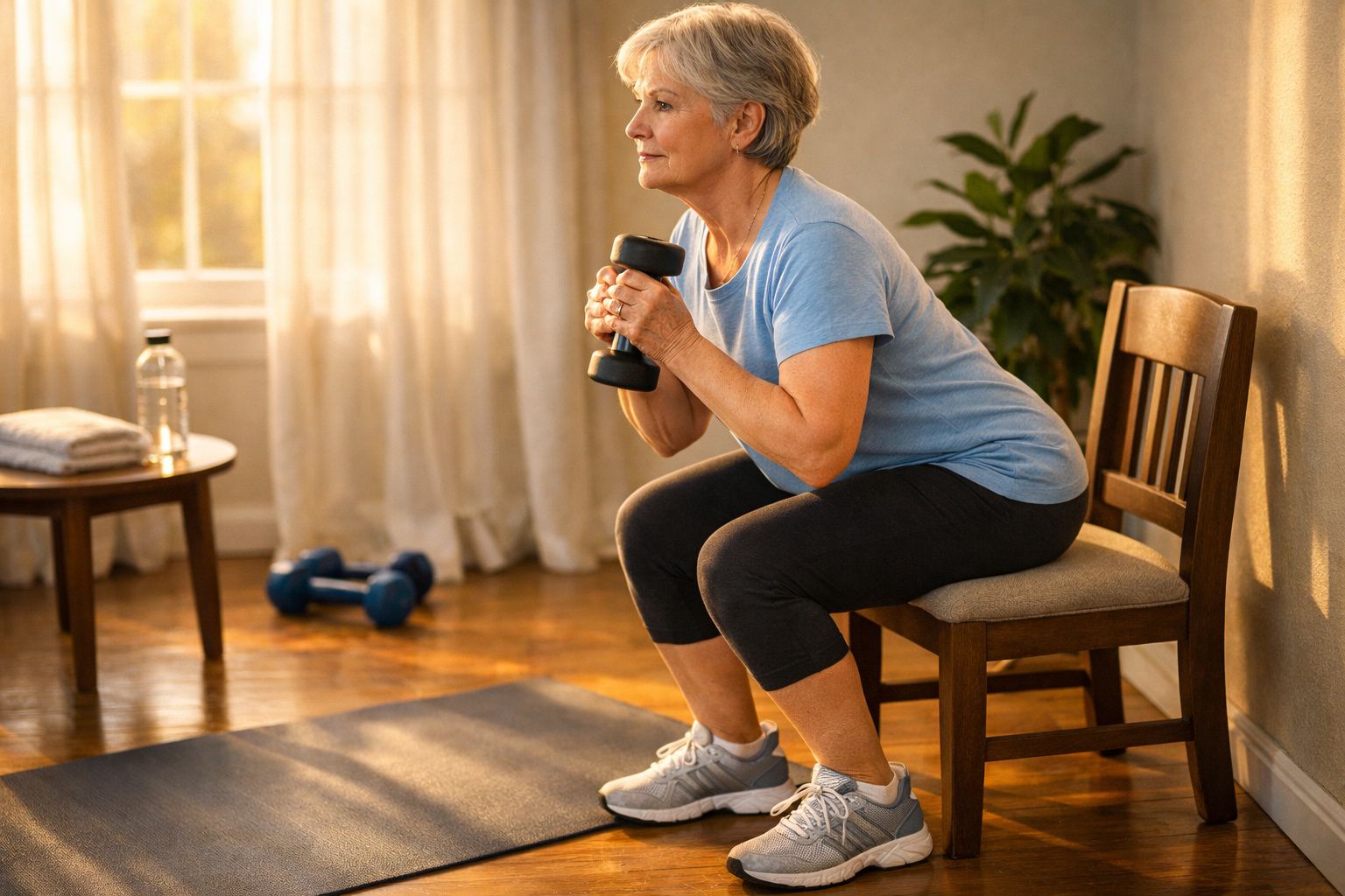 Mulher idosa a fazer exercício com halteres em casa, sentada numa cadeira, usando roupa de ginástica.