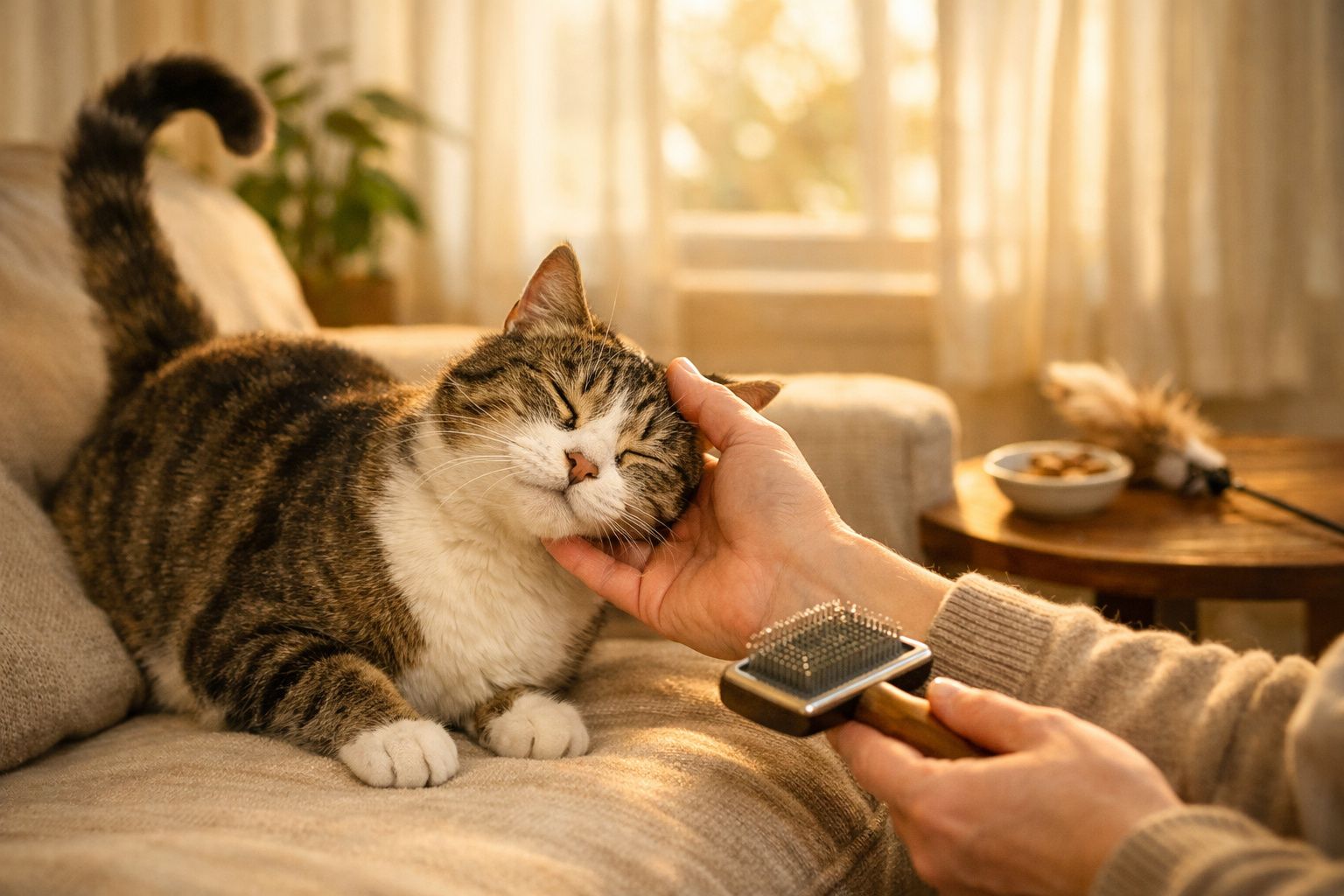 Pessoa acaricia gato sentado no sofá, com uma escova na mão, enquanto o animal parece relaxado e satisfeito.