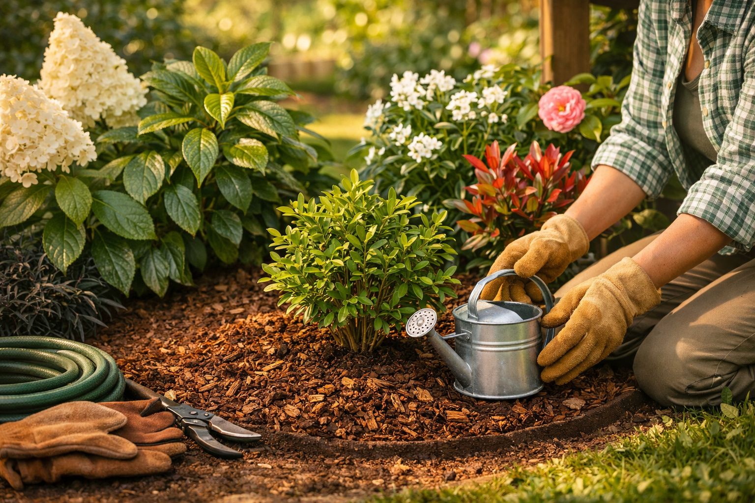 Pessoa a regar plantas num jardim, cercada por flores. Há uma mangueira e tesoura de poda ao lado.