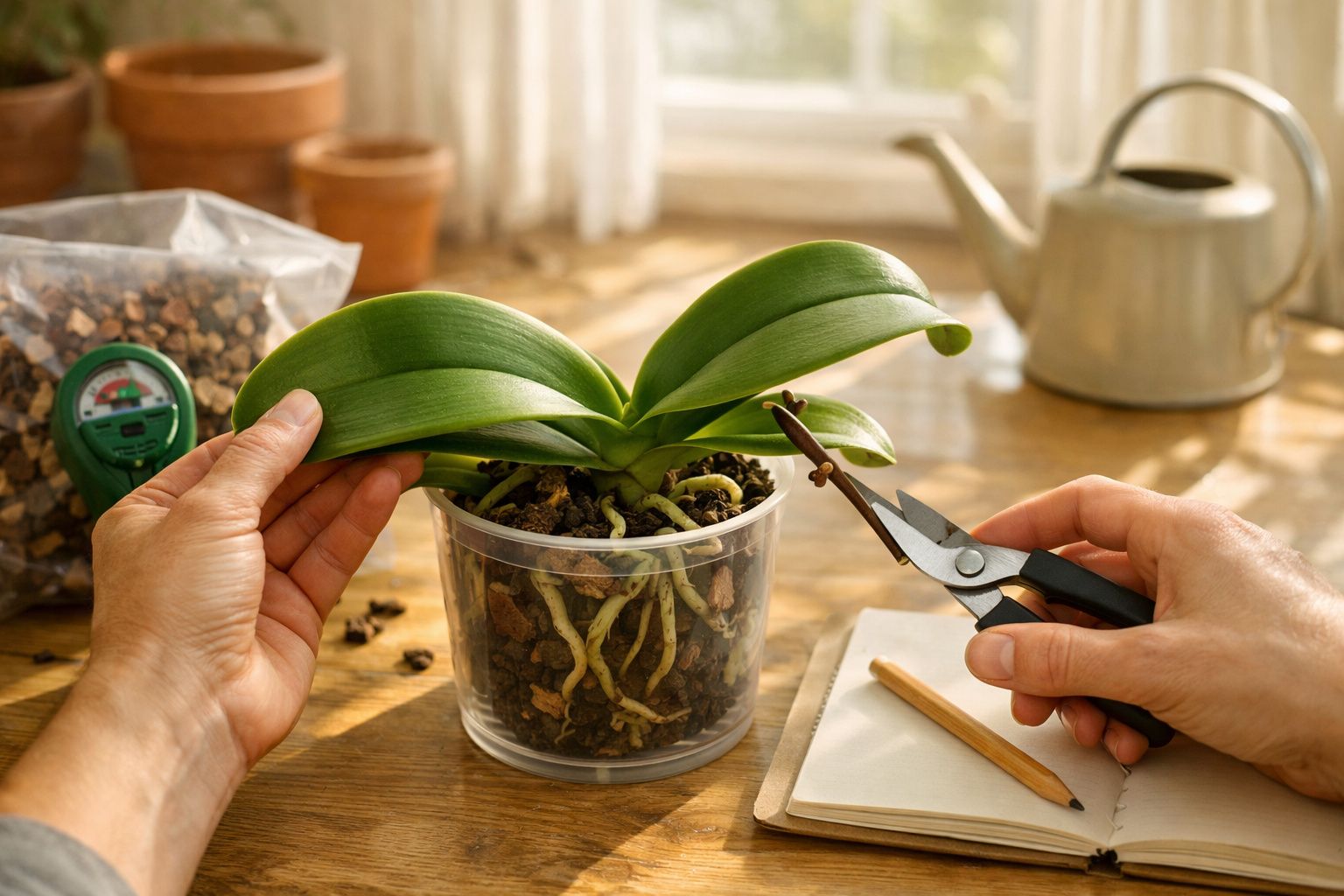 Pessoa a podar uma orquídea num vaso transparente, numa mesa com regador, bloco e lápis ao lado.