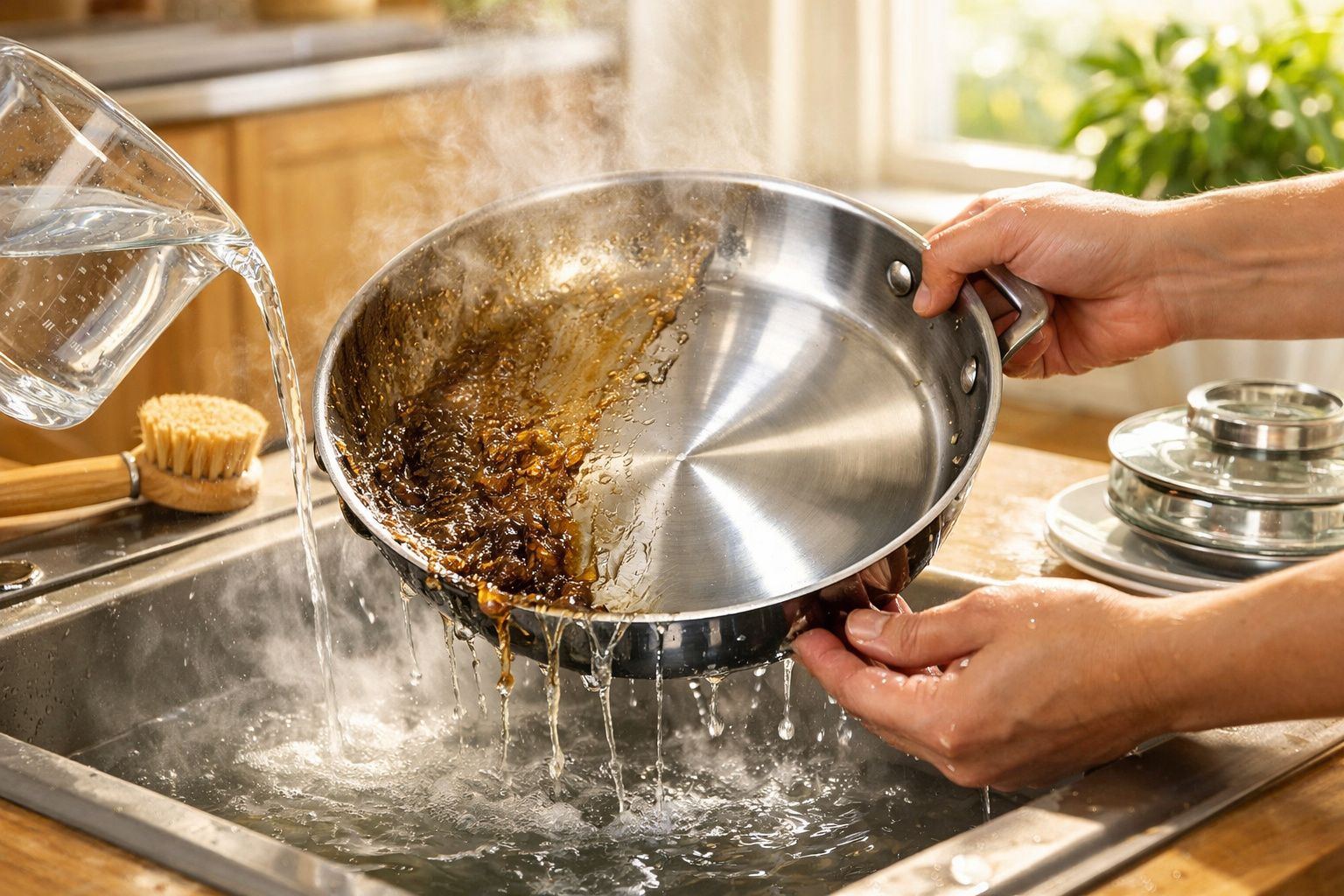 Pessoa a lavar uma frigideira suja com água quente na pia da cozinha, libertando resíduos queimados.