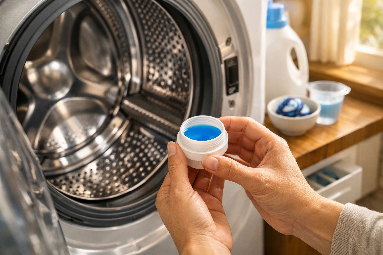 Mão segurando tampa com detergente azul em frente a uma máquina de lavar roupa aberta.