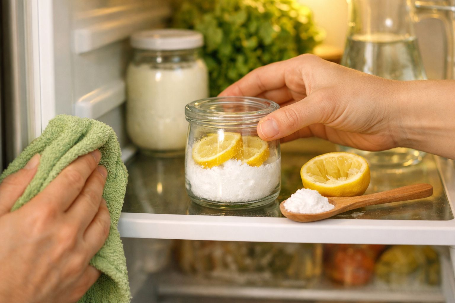 Mãos colocam pote com limão e sal no frigorífico, ao lado de pano de limpeza.