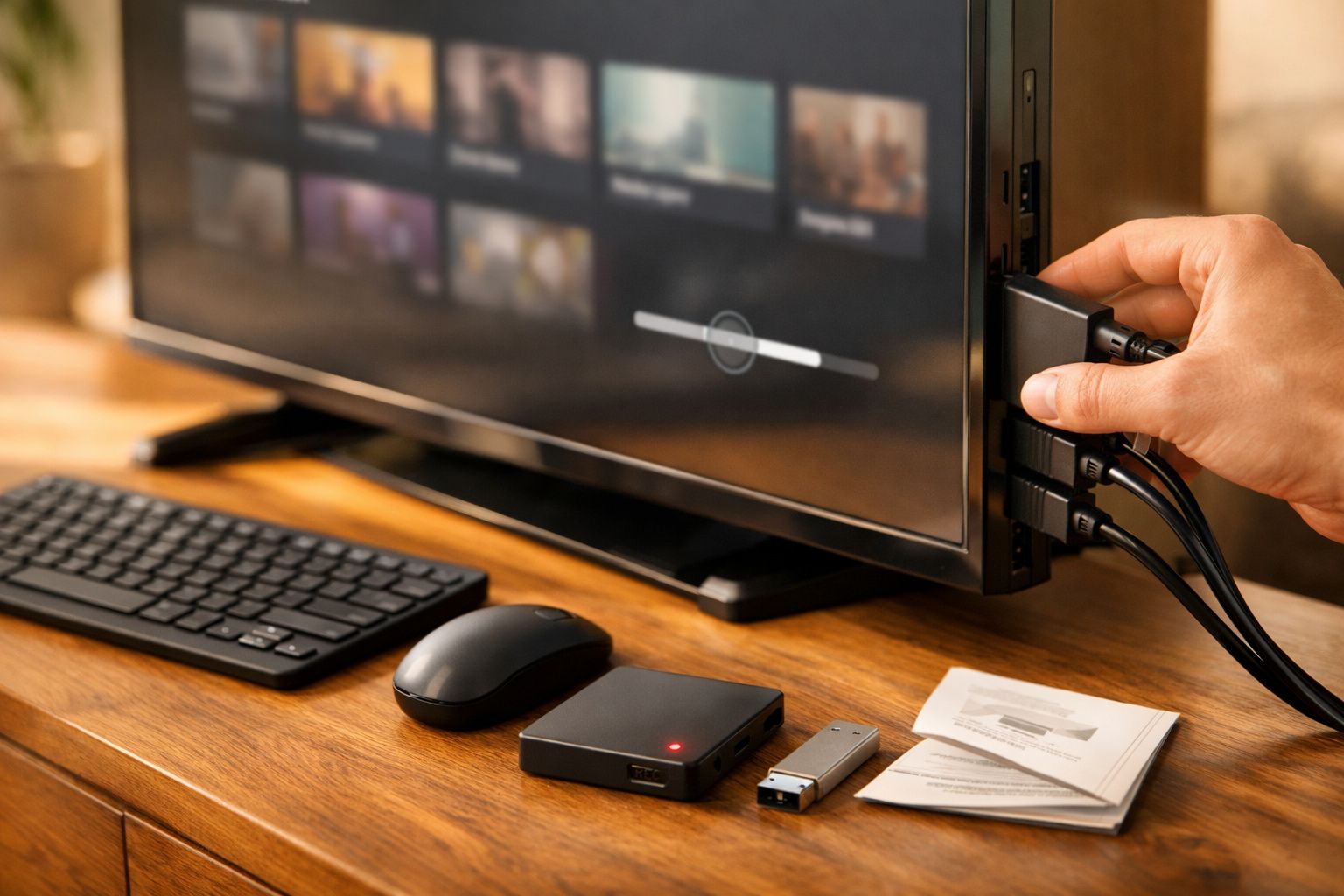 Mão conecta cabo USB a uma TV, com teclado, rato e dispositivos em cima de uma mesa de madeira.