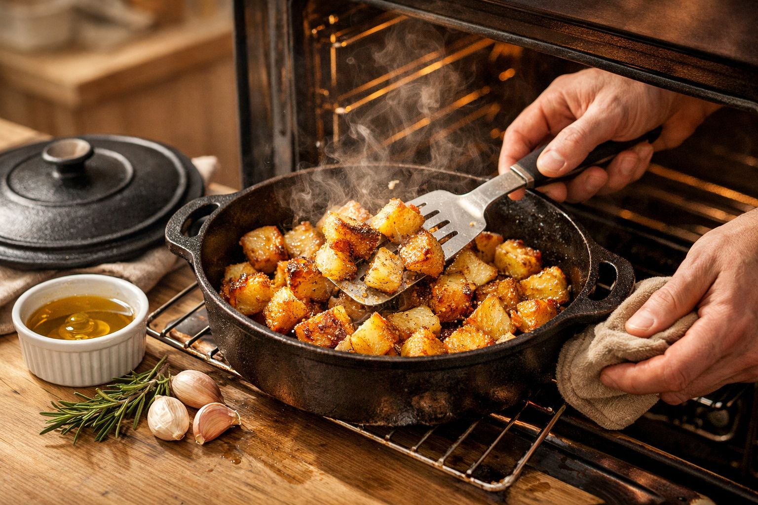 Mãos abrindo panela de ferro fundido com batatas douradas e fumegantes na cozinha.