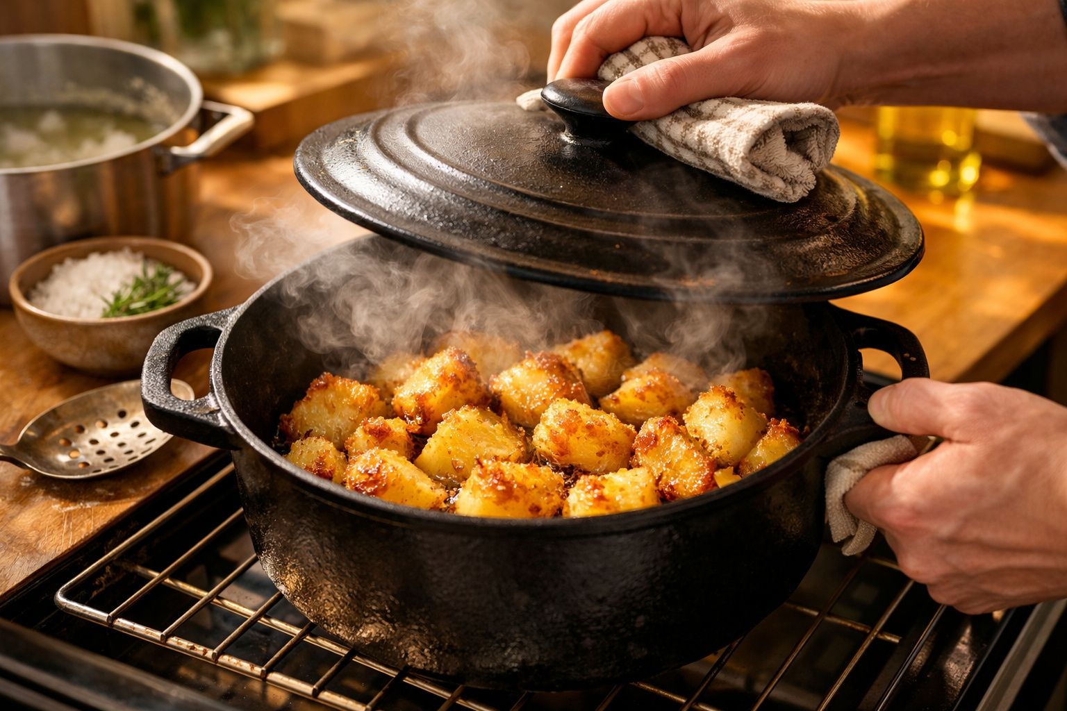 Mãos a levantar tampa de panela de ferro fundido com batatas douradas a fumegar em cozinha.