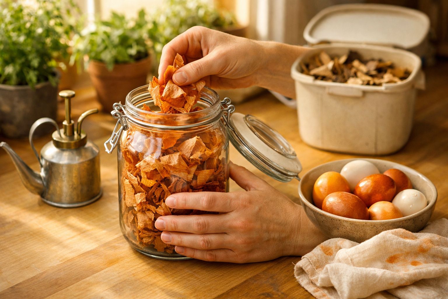 Mãos colocando cascas de cebola num frasco de vidro sobre uma bancada, com ovos e regador ao lado.