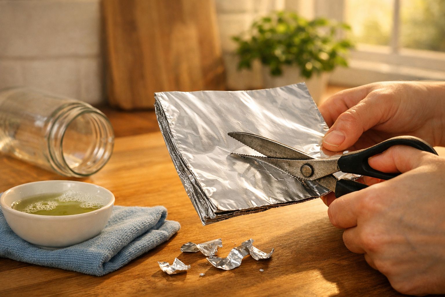Pessoa a cortar papel de alumínio com tesoura numa bancada de cozinha, ao lado de um frasco e uma taça.