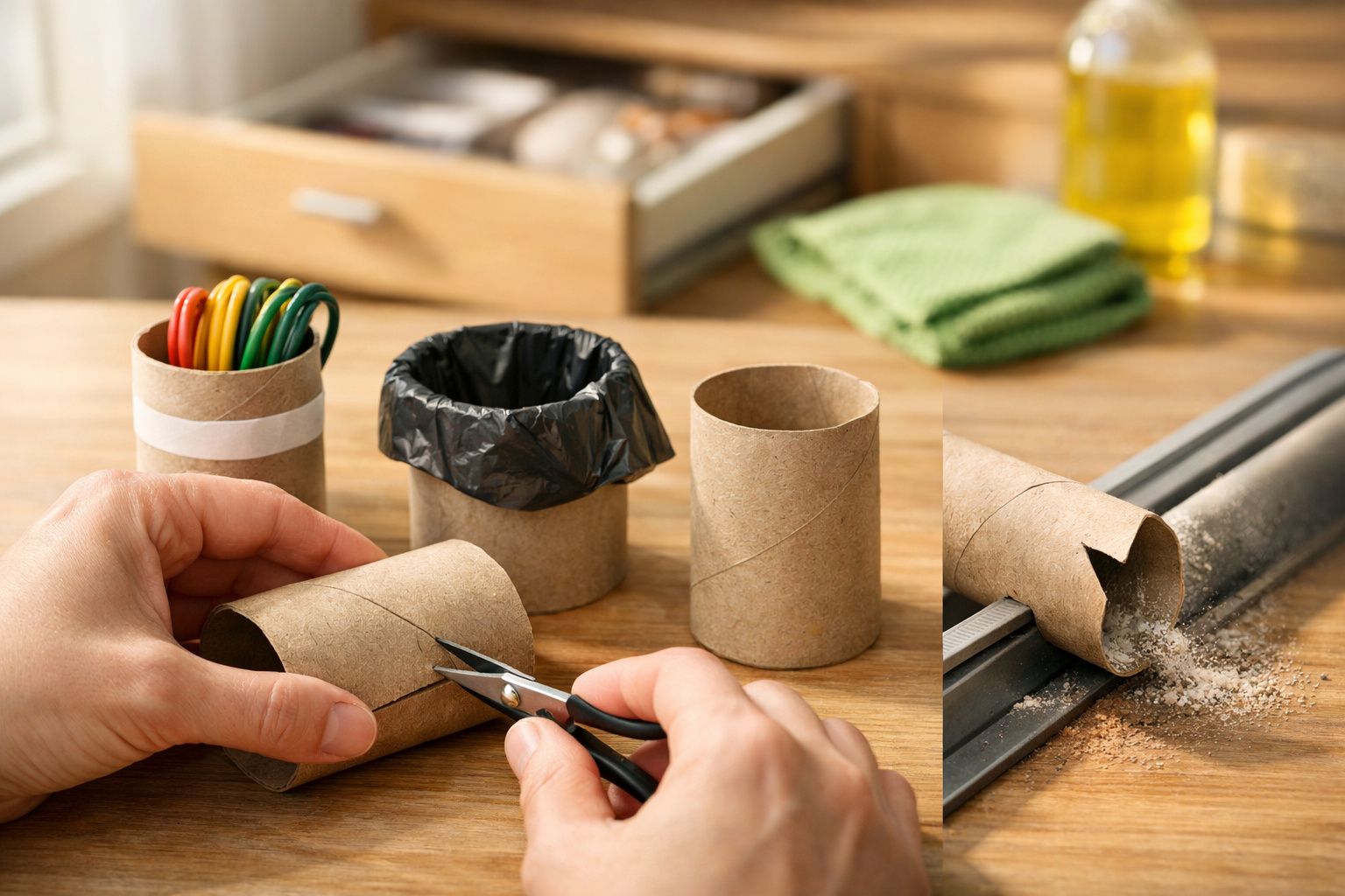 Mão usando rolo de papel higiénico para criar suportes de organização e limpeza. Artesanato sustentável.