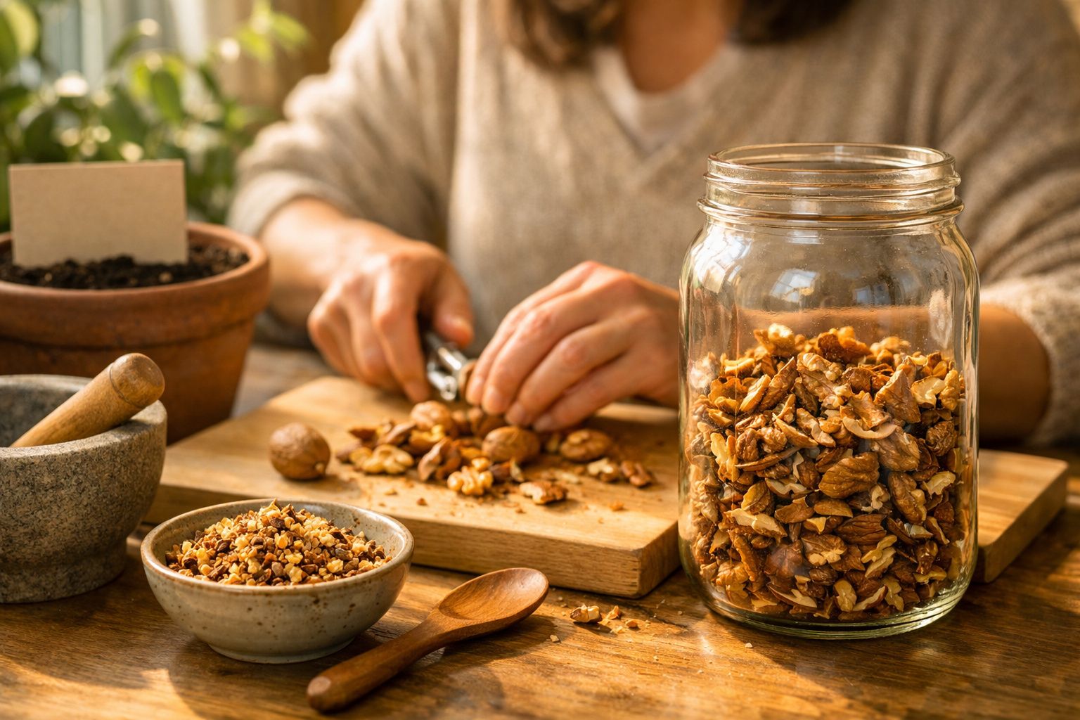 Pessoa descascando nozes numa tábua de madeira com frasco cheio de nozes ao lado.