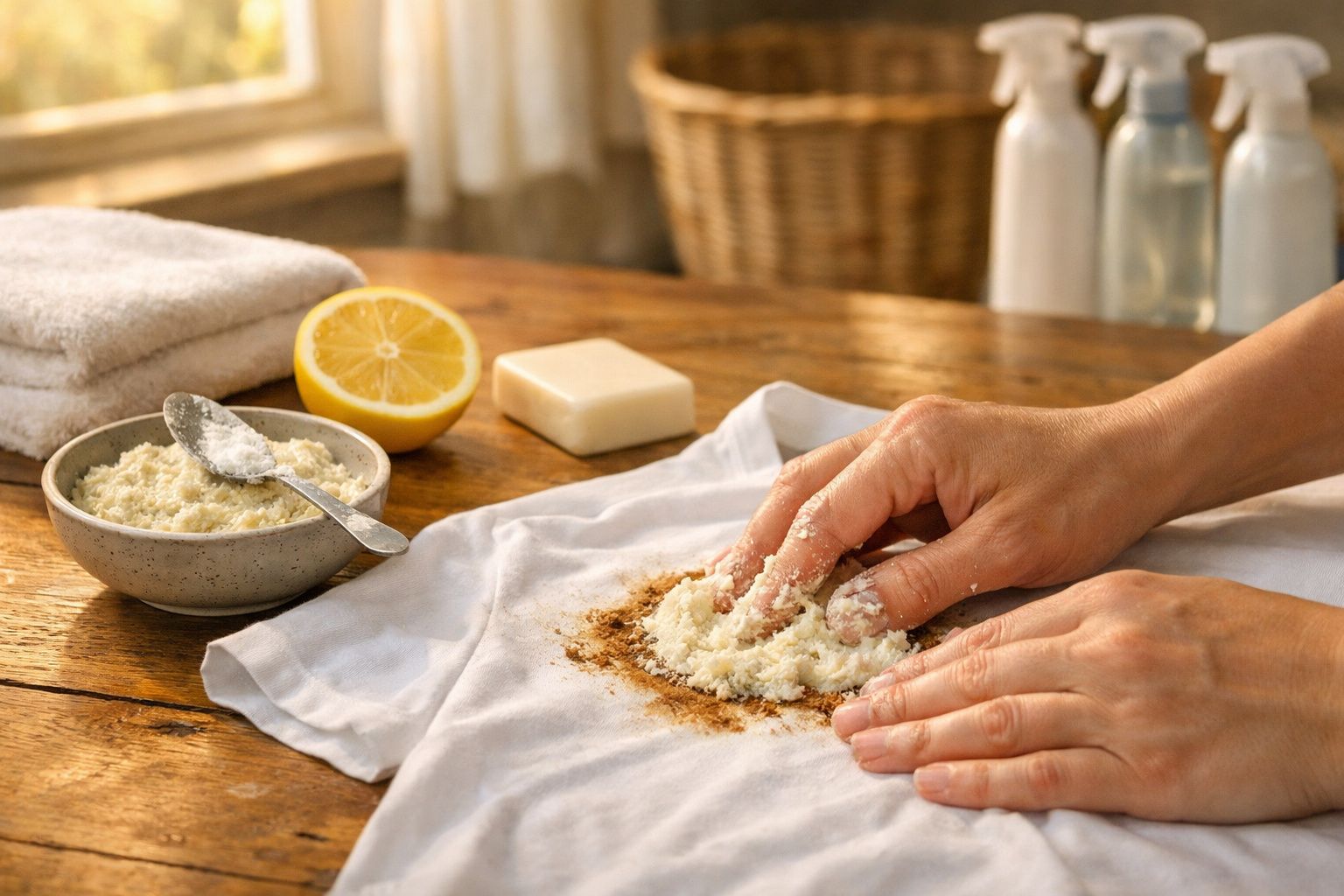 Mãos limpam uma mancha numa camisola branca com pó, limão e sabão em cima de uma mesa de madeira.