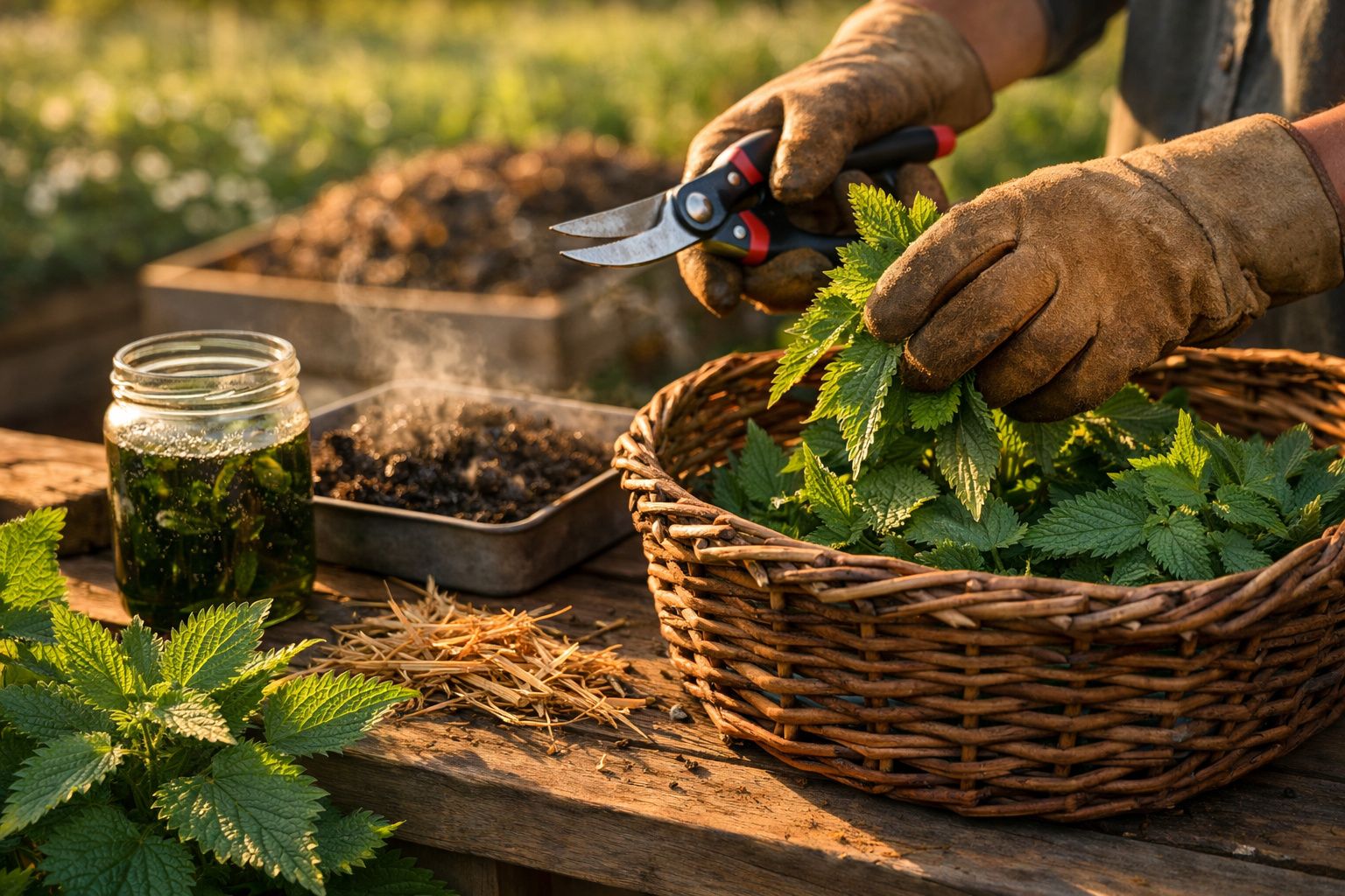 Pessoa cortando urtigas frescas, com luvas de jardinagem, junto a um cesto de vime e jarro de ervas.