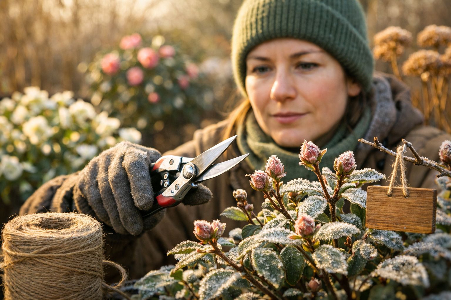 Mulher com luvas e gorro podando plantas cobertas de geada no jardim.