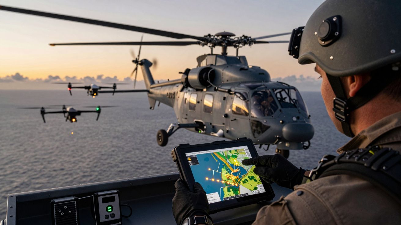 Soldado opera tablet com mapa enquanto helicóptero e drones voam sobre o mar ao pôr do sol.