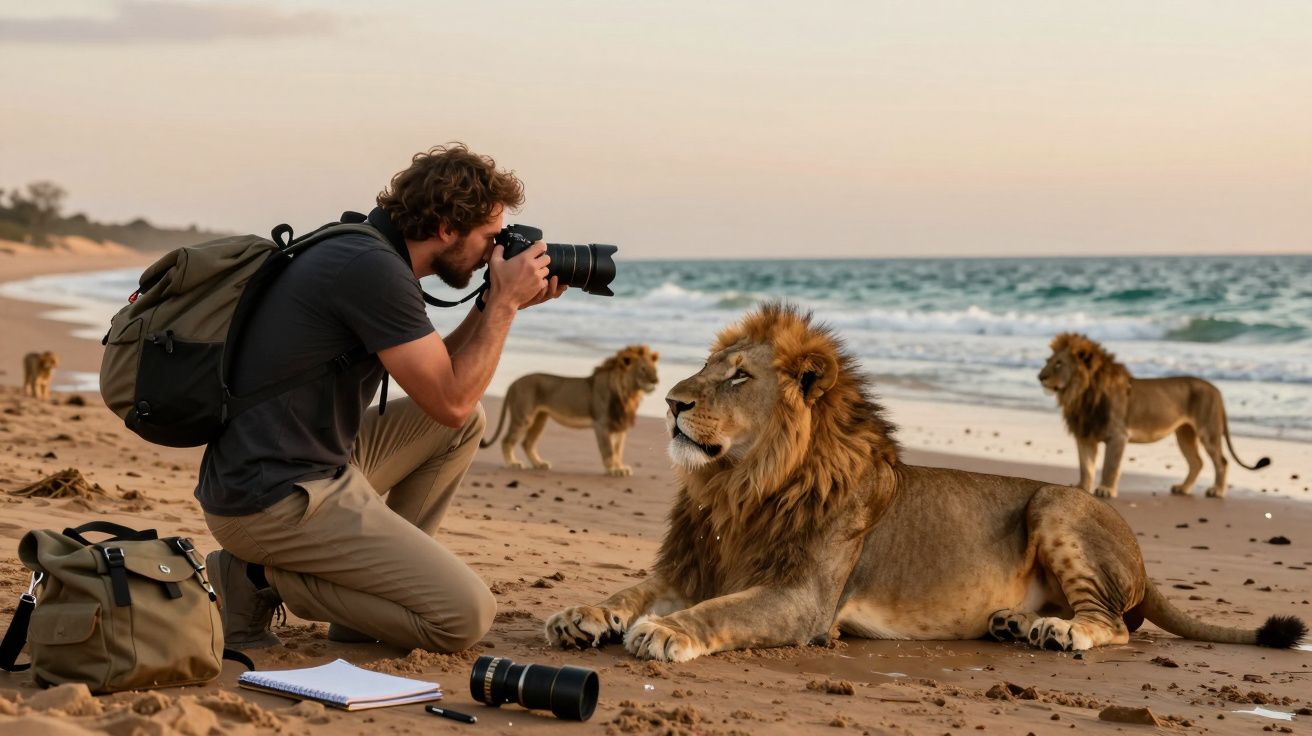 Fotógrafo ajoelhado na areia tira foto de leão deitado, com mais leões ao fundo, ao pôr do sol numa praia.