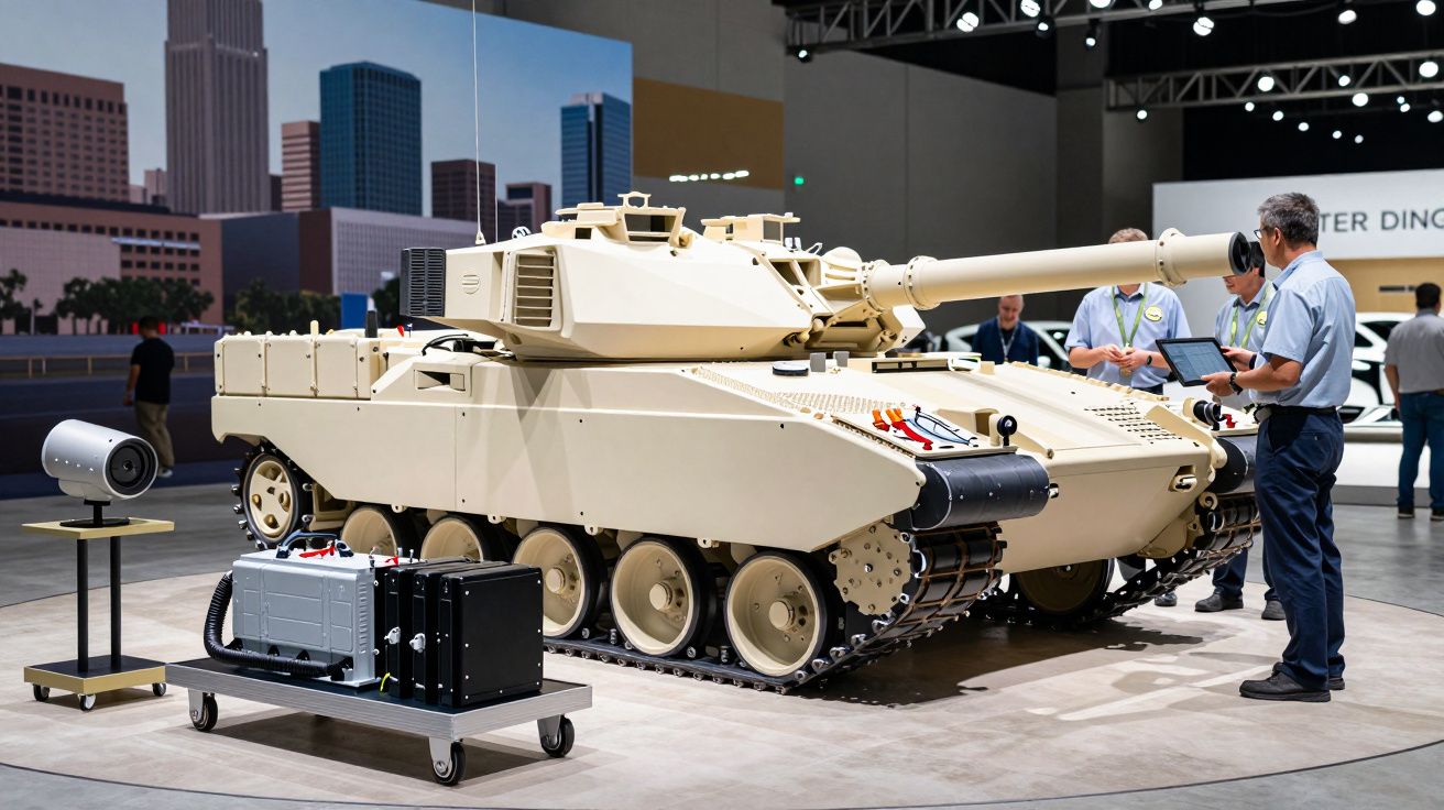 Tanque em exposição num salão, com três pessoas ao redor, num ambiente urbano ao fundo.