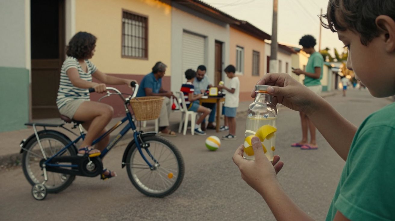 Criança segura garrafa de bebida, enquanto outra anda de bicicleta. Pessoas conversam numa rua residencial ao fundo.