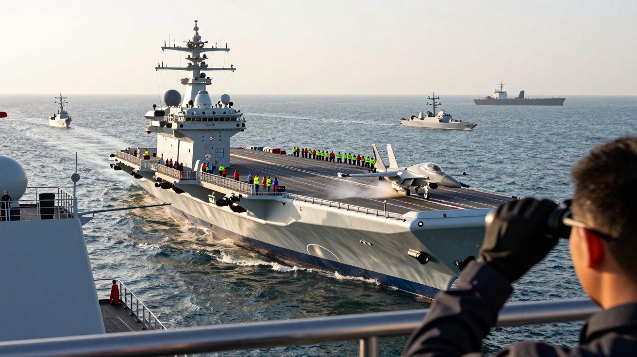 Navio porta-aviões no mar com aviões no convés, rodeado por escoltas e observado por pessoa com binóculos.