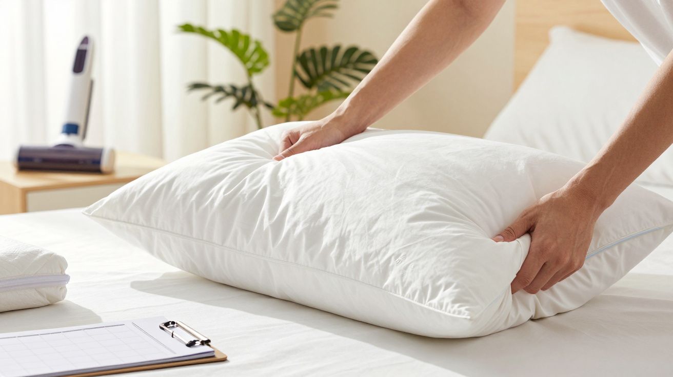 Mãos a ajustar uma almofada branca numa cama, perto de uma mesa com plantas e materiais de limpeza.