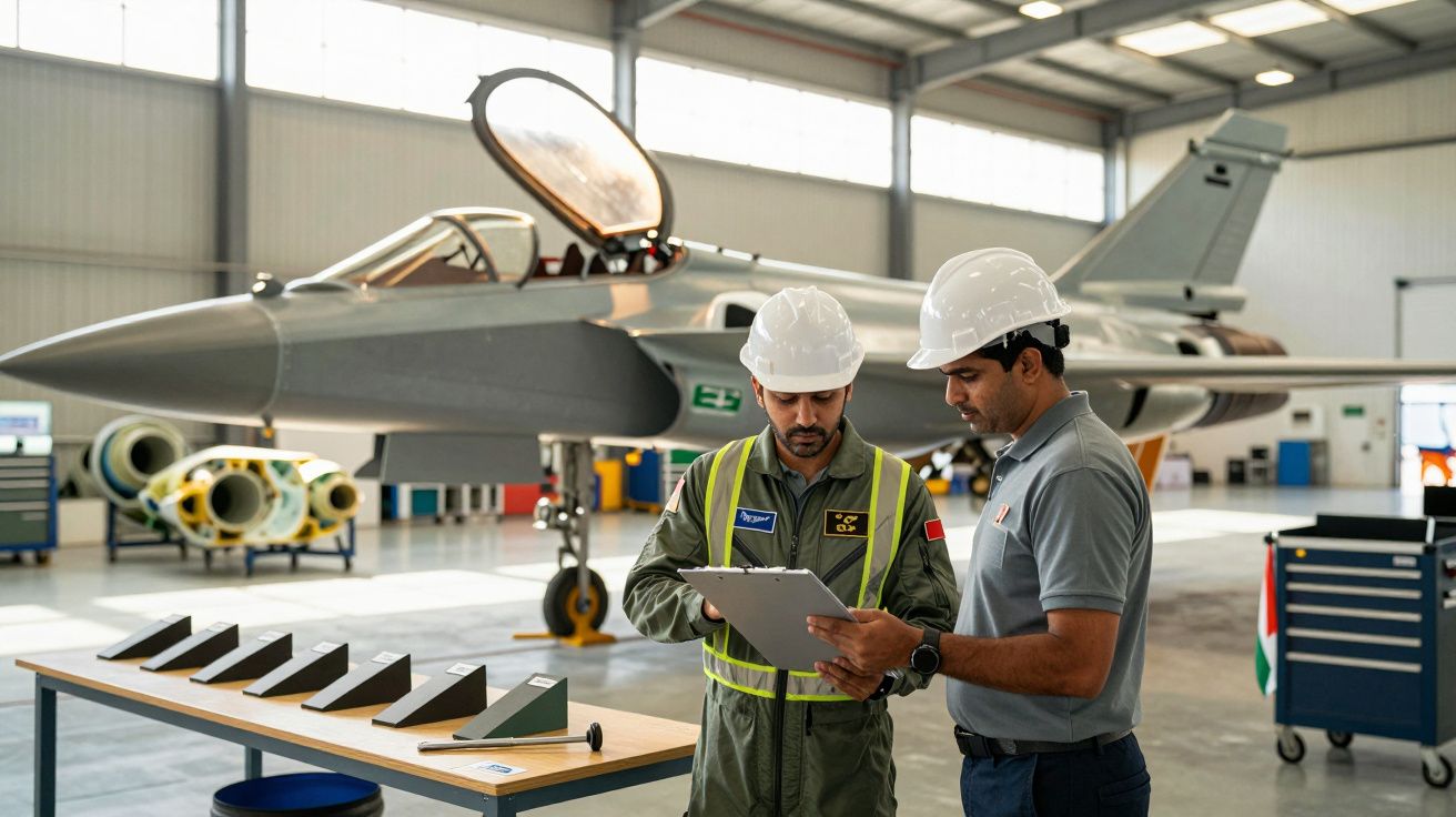 Dois homens em capacetes inspecionam documentos num hangar, com um avião de combate ao fundo.