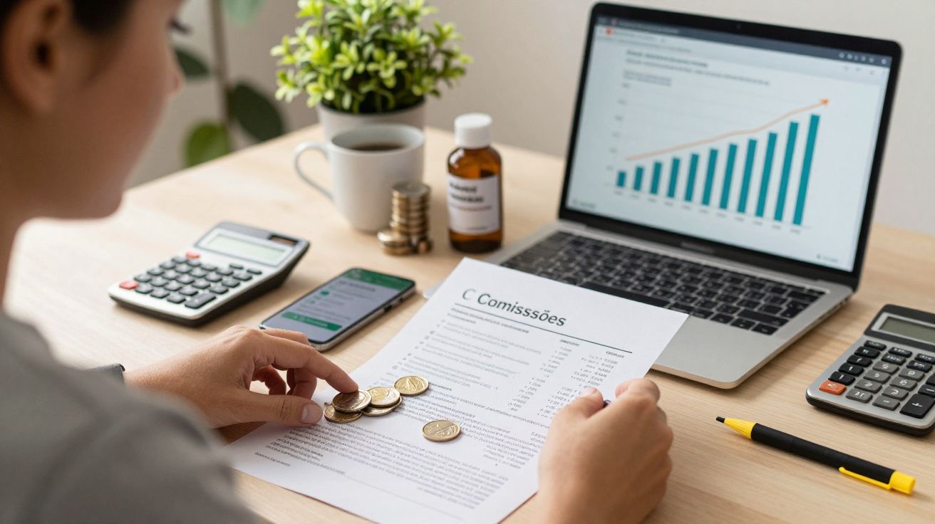 Pessoa a analisar documentos financeiros com moedas, calculadoras e gráfico de crescimento num portátil.
