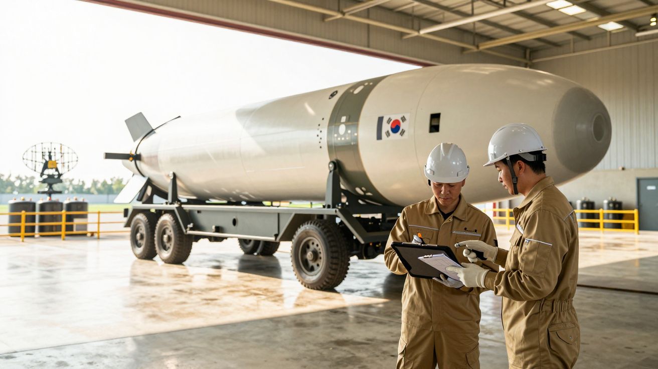 Dois homens com capacetes discutem em frente a um míssil grande sobre um reboque em um armazém iluminado.
