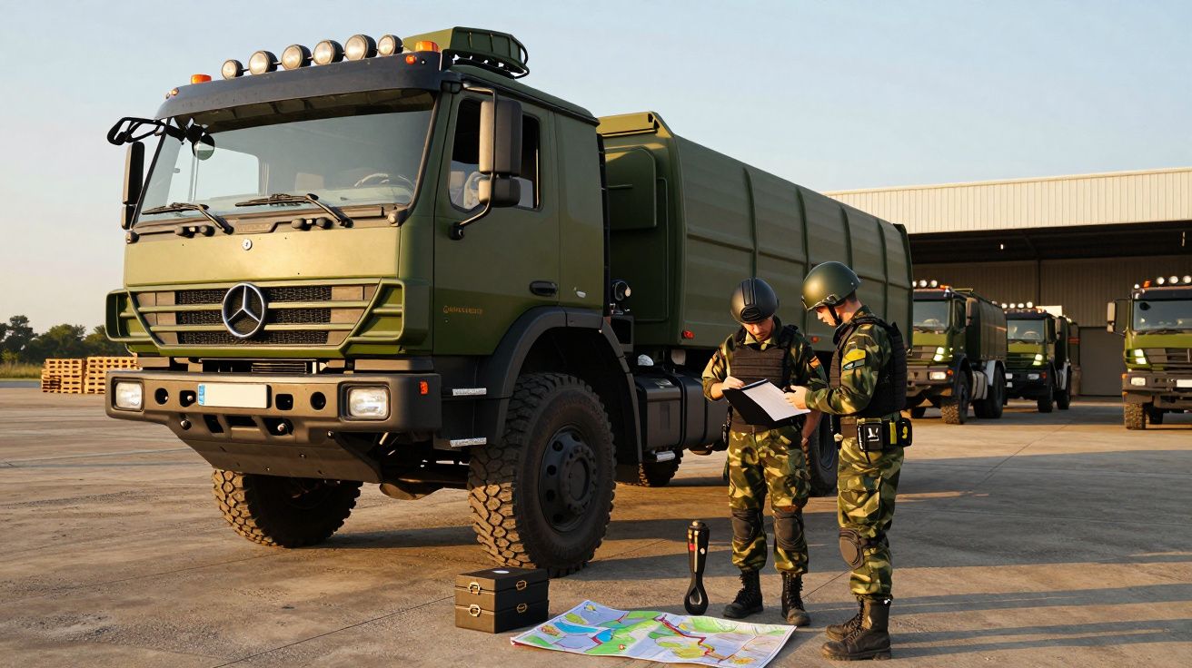 Dois soldados de uniforme camuflado analisam mapas perto de camiões militares verdes em base ao ar livre.