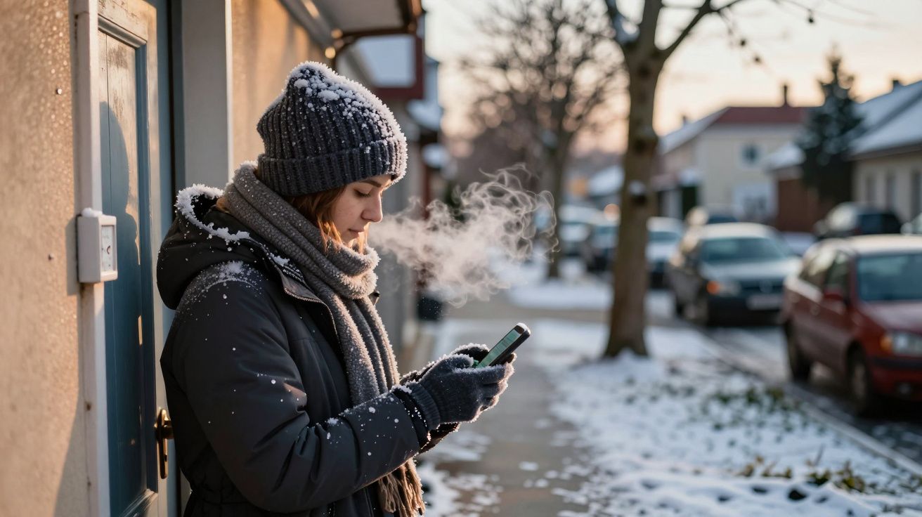 Mulher em casaco e gorro mexe no telemóvel numa rua nevada, com vapor visível na respiração.