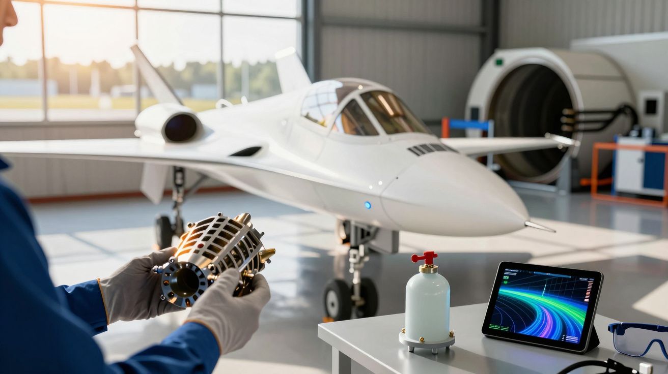 Pessoa segura componente perto de uma aeronave futurista em hangar, com tablet e equipamento técnico na bancada.