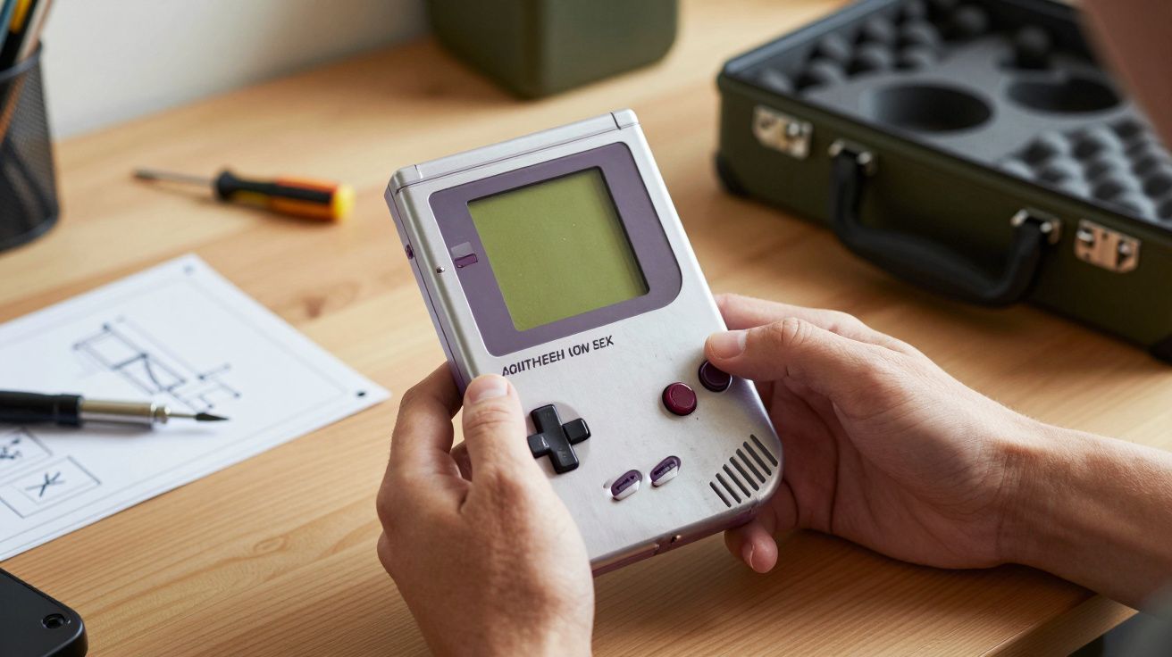 Pessoa segura um console de jogo portátil retro, em uma mesa de madeira com uma caixa aberta ao fundo.