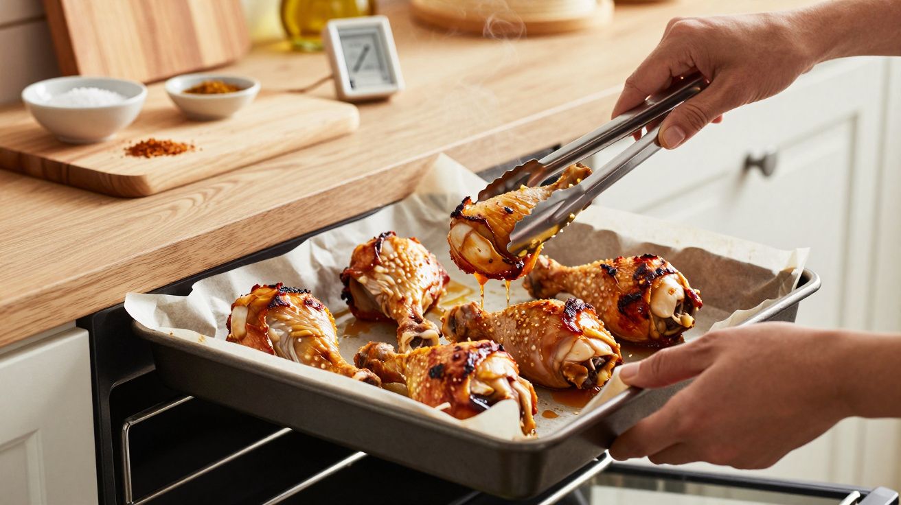 Mãos colocando tabuleiro com coxas de frango assadas, revestidas de especiarias, num forno.