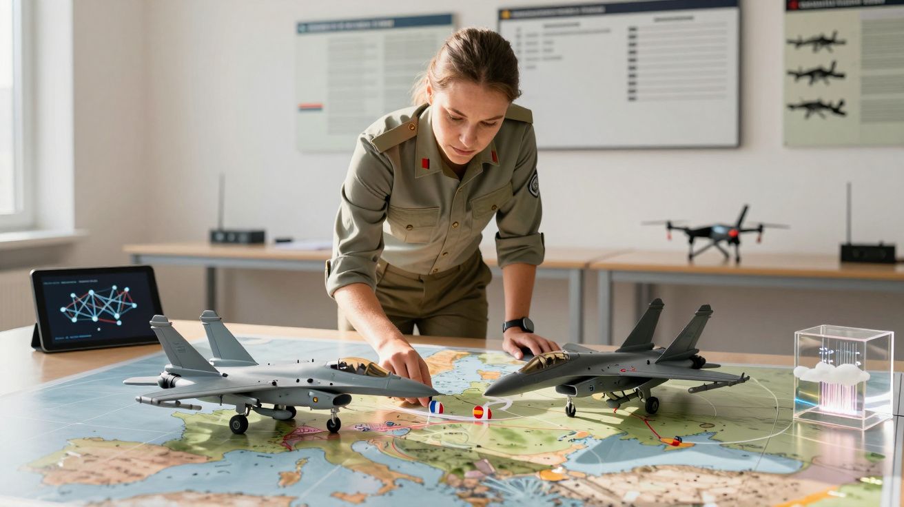 Mulher em uniforme militar analisa mapa com modelos de aviões sobre uma mesa em sala de estratégia.