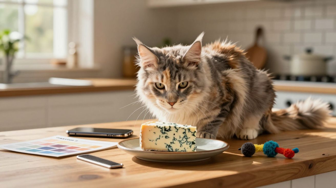 Gato curioso ao lado de um prato com queijo numa cozinha iluminada pelo sol, com telemóvel e brinquedos.