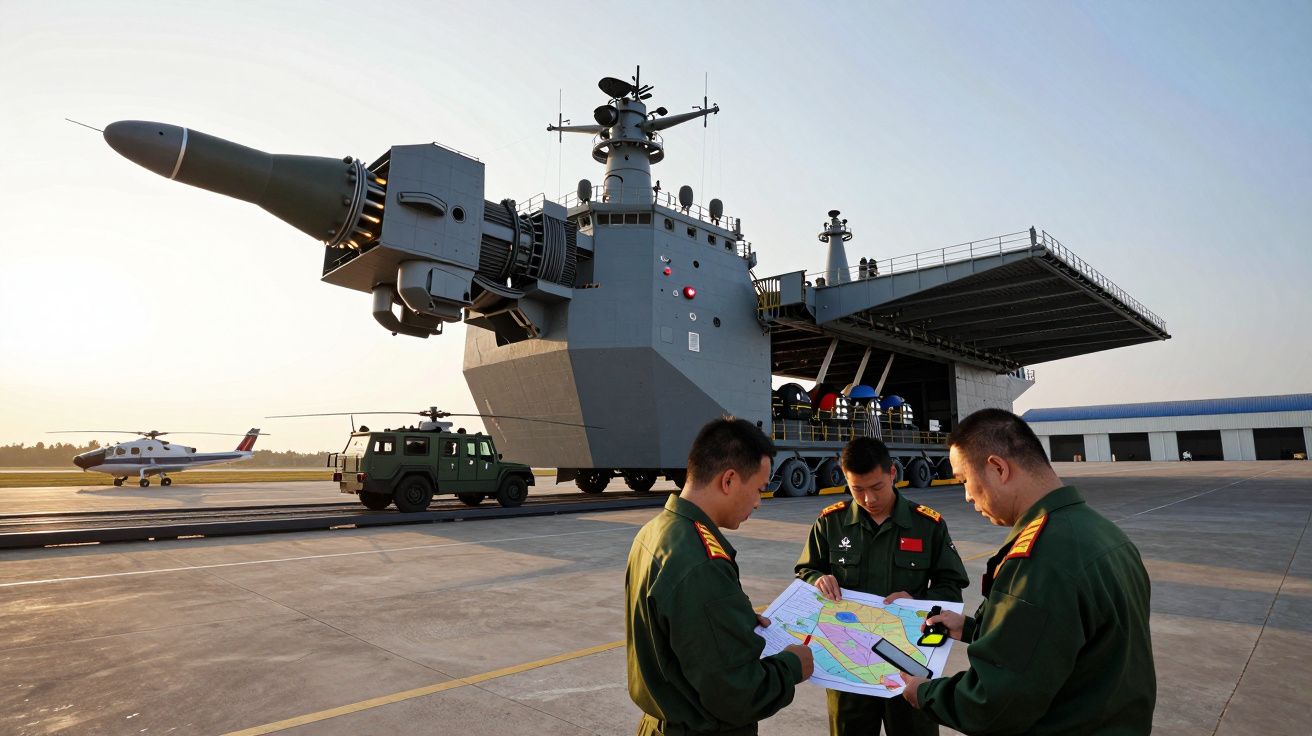 Três militares analisam mapas ao lado de um veículo e uma estrutura de plataforma militar em um aeroporto.