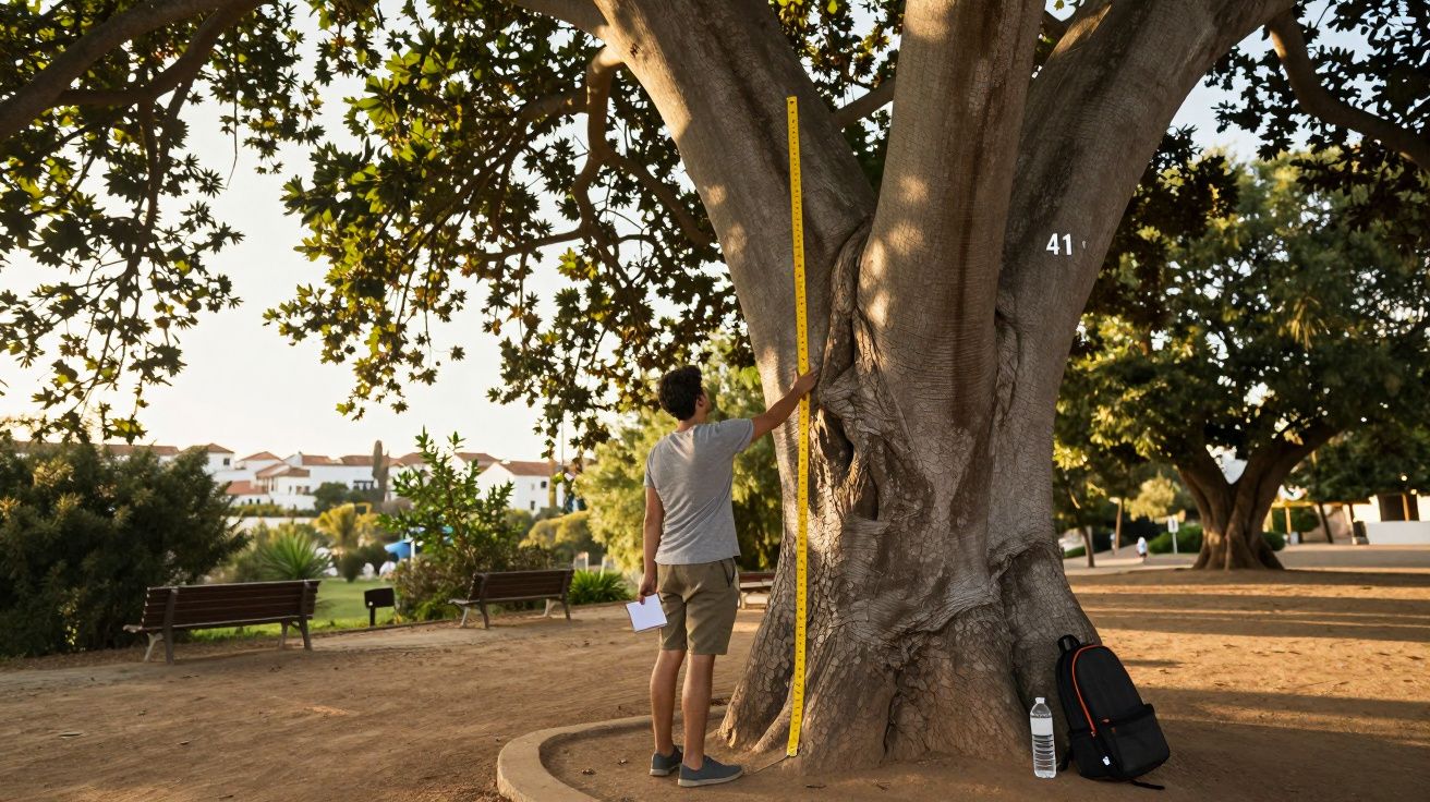 Homem mede a circunferência de uma árvore com uma régua amarela num parque, ao lado de uma mochila.
