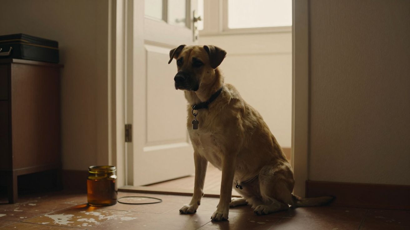 Cão sentado no chão de madeira ao lado de um frasco, com uma porta aberta ao fundo e luz suave entrando.