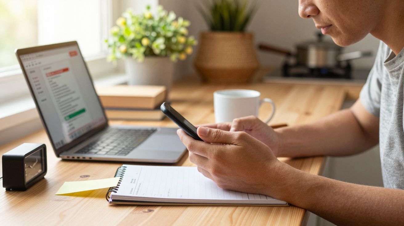 Homem sentado à mesa mexendo no telemóvel, com portátil e caderno abertos, planta e chávena ao fundo.