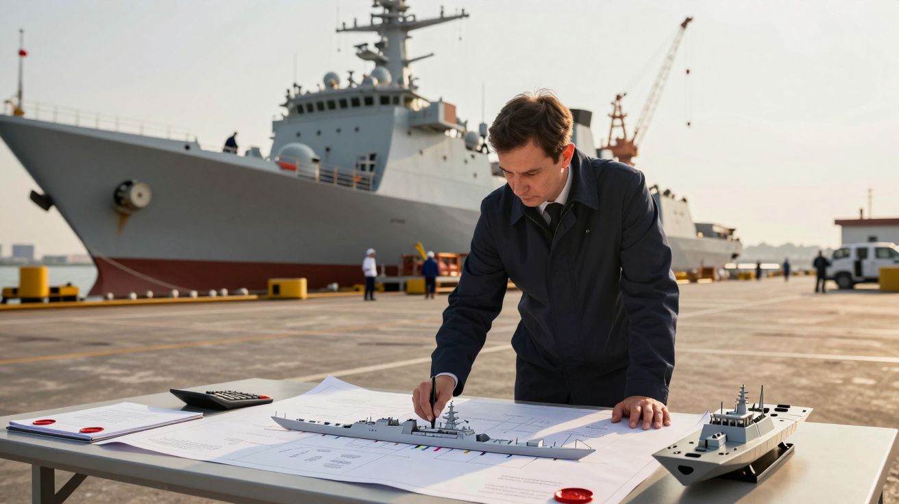Homem analisa planos navais com maquetes de navios num porto, com um navio grande ao fundo e uma grua visível.