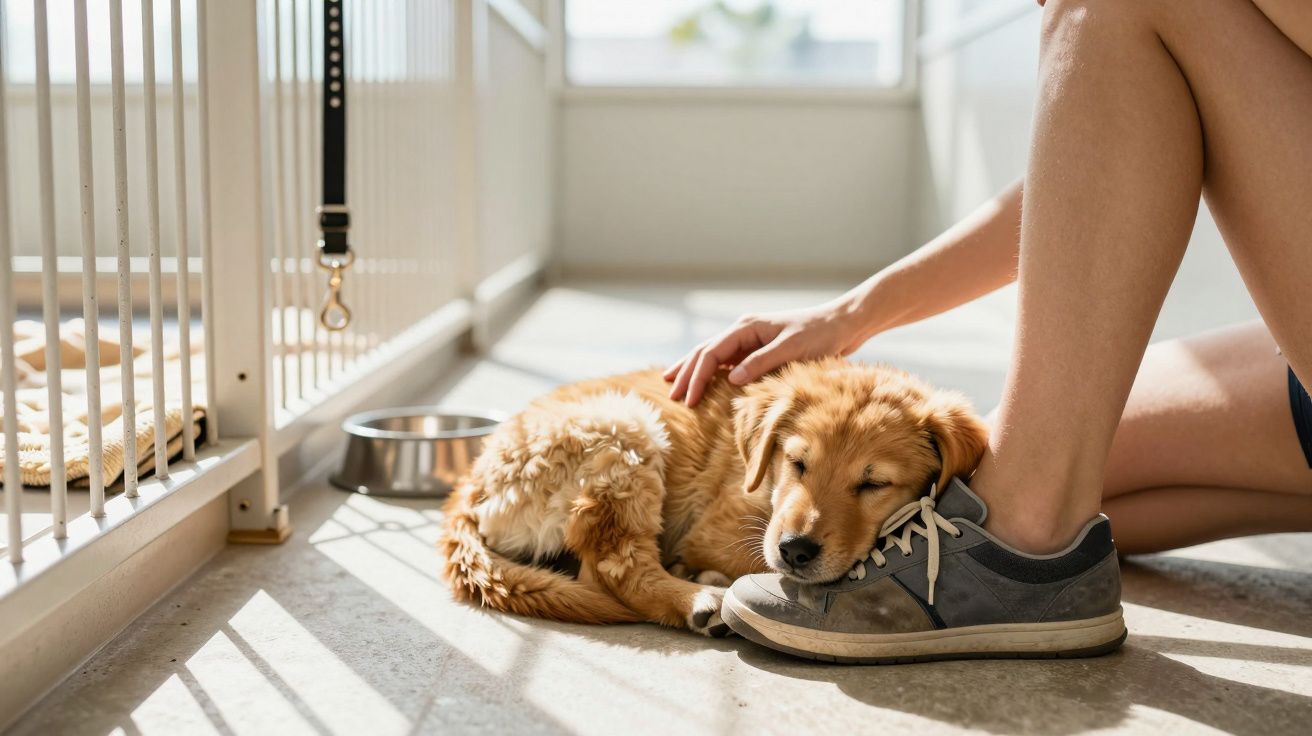 Cachorro dourado dorme encostado ao pé de uma pessoa, num espaço iluminado.