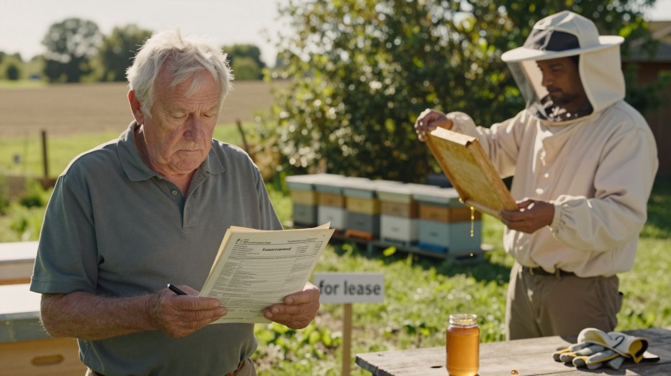 Homem idoso lê documentos; atrás, apicultor em vestimenta protetora inspeciona colmeia. Pote de mel sobre a mesa.