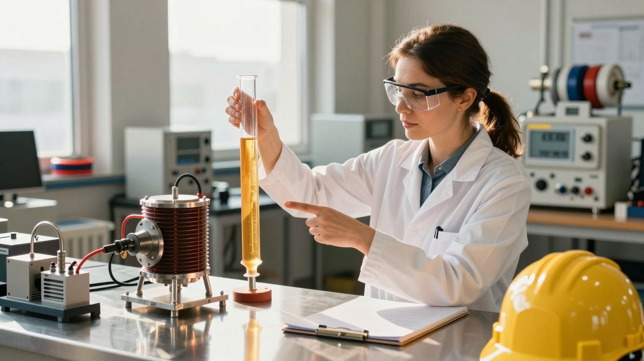 Cientista em laboratório usando óculos de proteção, analisando um cilindro graduado com líquido amarelo.