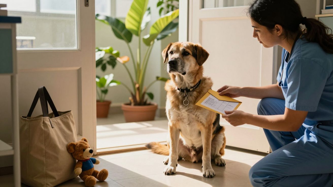 Veterinária examina cão sentado no chão com plantas ao fundo e brinquedo de peluche ao lado de uma mala.